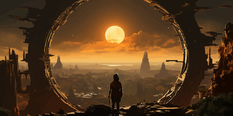 Wall Mural - girl with a gun looking at the destroyed futuristic portal in ruin city, digital art style, illustra