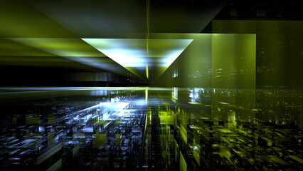 Poster - Futuristic corridor leading into a digital metropolis, symbolizing advanced technology progression. 3d render