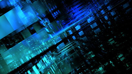 Poster - Cybernetic Chaos, Abstract digital landscape of blues and blacks evoking a high-tech network. 3d render