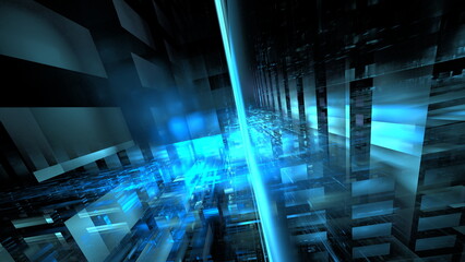 Poster - Neon blue lights converging in a digital corridor of data streams and abstract patterns. 3d render