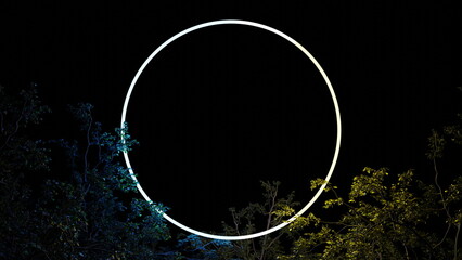Fototapete - Luminous circle ring in foliage of tree branches on black background. Neon glow illumination, place for text. 3d render