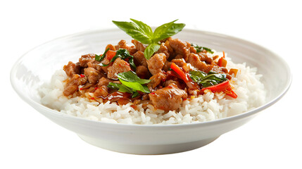 Wall Mural - Rice topped with stir-fried pork and basil on isolated on transparent png background. Generative ai