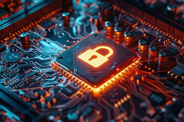 Poster - Data safeguarding: CPU adorned with holographic lock symbol