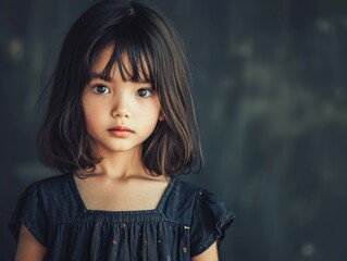 A young multiracial girl wearing a black dress is standing and looking directly at the camera