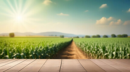 Wall Mural - Empty wooden table, counter desk with blurred agricultural field background. Copy space for your promo, text or logo brand. Wood plank board, natural farming view. Blank tabletop, blur growing corn