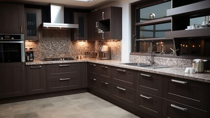 Wall Mural - Contemporary modern fully fitted kitchen in brown with top spec appliances and granite worktops