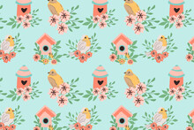 Hand Drawn Spring Bird Robin And Birdhouse Pattern With Floral Elements On Blue Background. Vector Illustration Isolated. Can Used For Wrapping Paper, Textile, Clothes. Greeting Card, Wallpapers. 