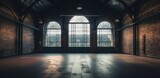 Fototapeta  - An old factory building with large windows and sunrays illustration