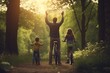 © sorin - Happy young family preparing for bike ride in nature, high-fiving with little children