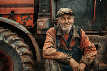 Wall Mural - Portrait of a smiling farmer sitting next to a tractor in working clothes