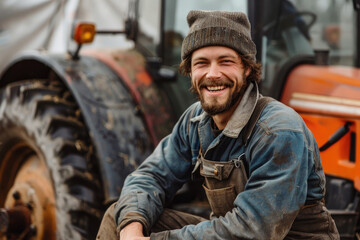 Wall Mural - Portrait of a smiling farmer sitting next to a tractor in working clothes