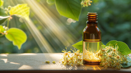 Poster - jar with essential oil extract of linden oil on a wooden background