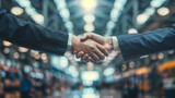 Fototapeta  - Corporate Handshake in Industrial Setting, Two Individuals Agreeing or Finalizing a Deal, Professionals in Formal and Business Casual Attire, Indoor Warehouse Environment with Other People