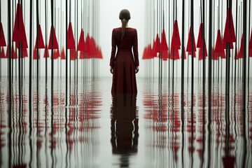 Rear view of lone woman clad in vibrant red dress stands in flooded room adorned with red flags