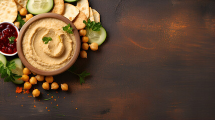 Wall Mural - Hummus with sesame garlic and lemon on a wooden background,Overhead glimpse of a Mediterranean feast hummus pita bread and falafel near a tea pot
