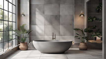 Wall Mural - modern contemporary bathroom with gray tiles and grey tub, in the style of white and beige, new contemporary