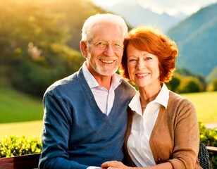 Wall Mural - Portrait of loving senior couple outdoor in sunrise day