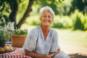 Wall Mural - Portrait of a happy senior woman sitting on a picnic in the garden