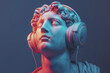 © ADDICTIVE STOCK - Classic sculpture with modern headphones in neon light Generative AI image