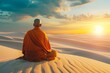 monk on a desert dune at dawn, sitting facing the rising sun
