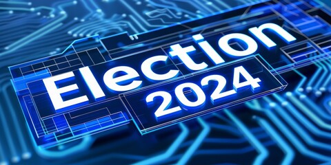 The 2024 election intersects with technology on a blue circuit board, reflecting the digital era's impact on democracy and voting.