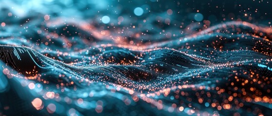 Poster - abstract wallpaper featuring a futuristic wave of dots and geometric patterns, illustrating the interconnectedness of science and future network technologies