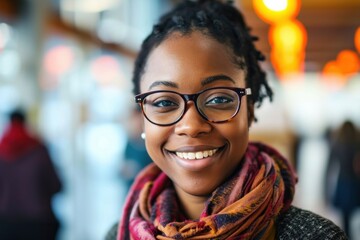 A smiling young black woman with glasses, wearing a scarf, in a bright indoor setting, Generative AI