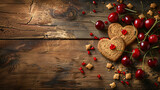 Sweet cherries scattered on a wooden background.