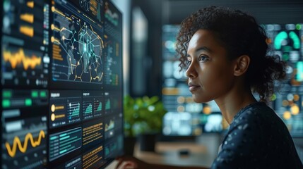 Poster - In this business investment strategy concept, women use a computer to analyze ESG, surrounded by ESG icons.