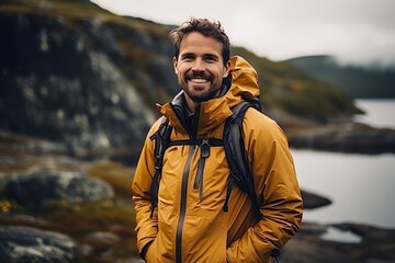 Canvas Print - Portrait of a smiling male hiker standing on a rocky coast