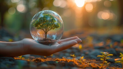 Poster - Keeping a glass globe ball in hand while a tree grows and green nature blurs behind it. Eco concept.