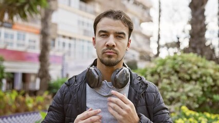 Wall Mural - A young bearded man adjusts headphones while standing on a city street with greenery in the backdrop.