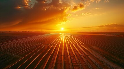 Wall Mural - Aerial view of a solar farm at sunset, casting long shadows, highlighting the beauty and scale of sustainable energy