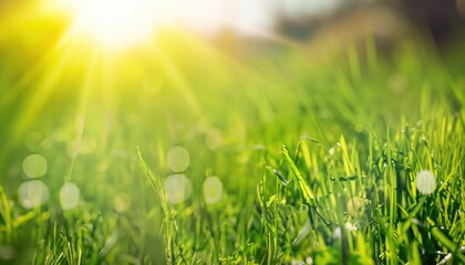 Wall Mural - natural grass background with blurred bokeh and sun