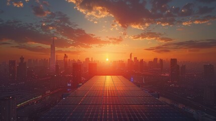 Wall Mural - Drone shot of solar panels on a futuristic cityscape at sunset showcasing renewable energy integration
