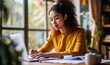 © Divyesh - A young woman in a yellow top is concentrated on reviewing documents at a well-lit home workspace, exemplifying remote work, Generative AI