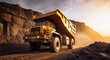 Large quarry dump truck. Transport industry. A mining truck is driving along a mountain road.