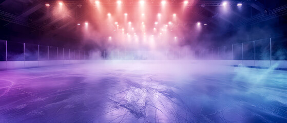 Wall Mural - Purple Ice Rink Background. Professional Arena illuminated neon lights, spotlights with smoke. Copyspace. Winter poster for hockey competitions. Ice skating. Stadium. Generative ai	