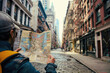 A person exploring city streets with a vintage map