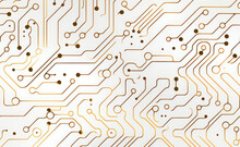 White Techno Texture Background Of Printed Circuit Board. Computer Technology Abstract Backdrop. Information Tech. Gray Scale Futuristic Background.