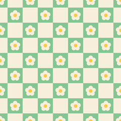 Wall Mural - Yellow and white flowers on green checkered background. Vector seamless pattern in soft retro pastel colors.