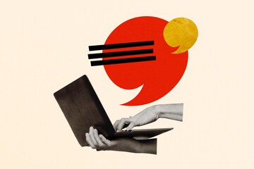 Fototapete - Sketch artwork trend composite image 3d collage photo of huge hands hold laptop virtual user blogger create post type social media message communicate get feedback