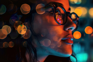 Poster - Closeup of a woman's face with bokeh. A slide background for showcasing digital and creative content. Background image. Created with Generative AI technology.