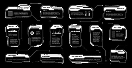Poster - white futuristic hud, ui elements. sci-fi user interface text boxes, callouts. warning message frame
