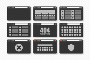 Fototapete - Web browser window, pages layout with toolbar and search field. Modern website, internet page in flat style. Browser mockup for computer, tablet and smartphone. Adaptive UI. Vector illustration