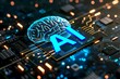 AI Brain Chip nanowires. Artificial Intelligence rfid circuits mind lateral sulcus axon. Semiconductor myelin sheath circuit board futurism