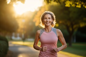 Sticker - Portrait of smiling senior woman jogging in park at morning.