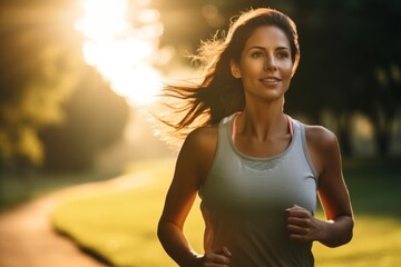 Sticker - Portrait of a young woman running in the park at sunset.