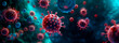 3D depiction of red coronavirus particles floating in a blue environment, highlighting the urgency for medical solutions.
