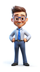 Wall Mural - Happy smile laughing cartoon character office businessman young man person in 3d style design standing confident wearing glasses on light background. Human people feelings expression concept